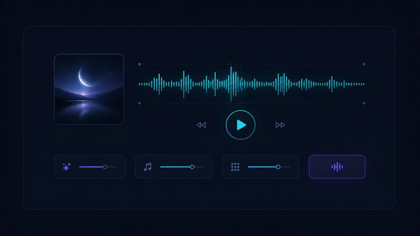 深蓝色 AI 音乐创作界面，展示专辑封面、音频波形与播放控制